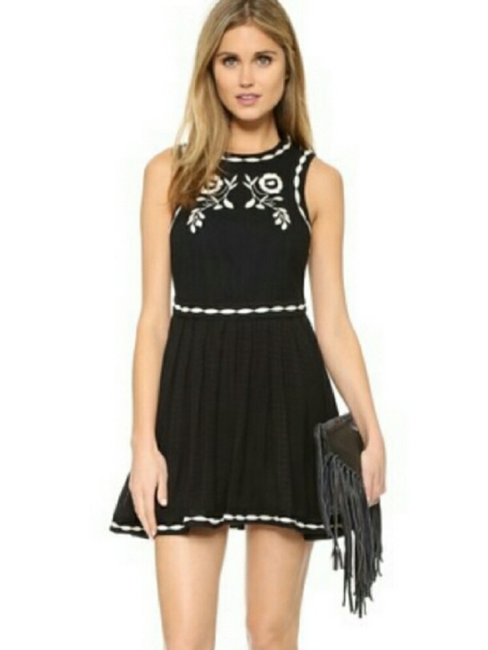 Free People Birds of a Feather Dress Size 4 Black Embroidered Skater Boho EUC